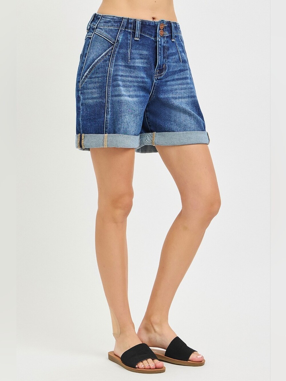 RISEN Dark Wash Double Button Denim Shorts Roll Up Midi Side Seam S M L XL NEW - Picture 4 of 7